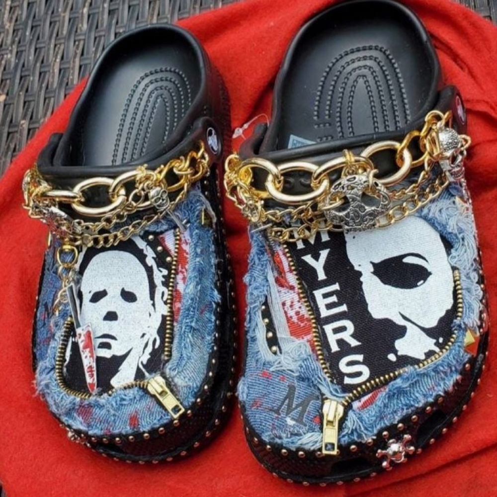 Halloween Stylish Black and Blue Crocs with Gold Accents/chains